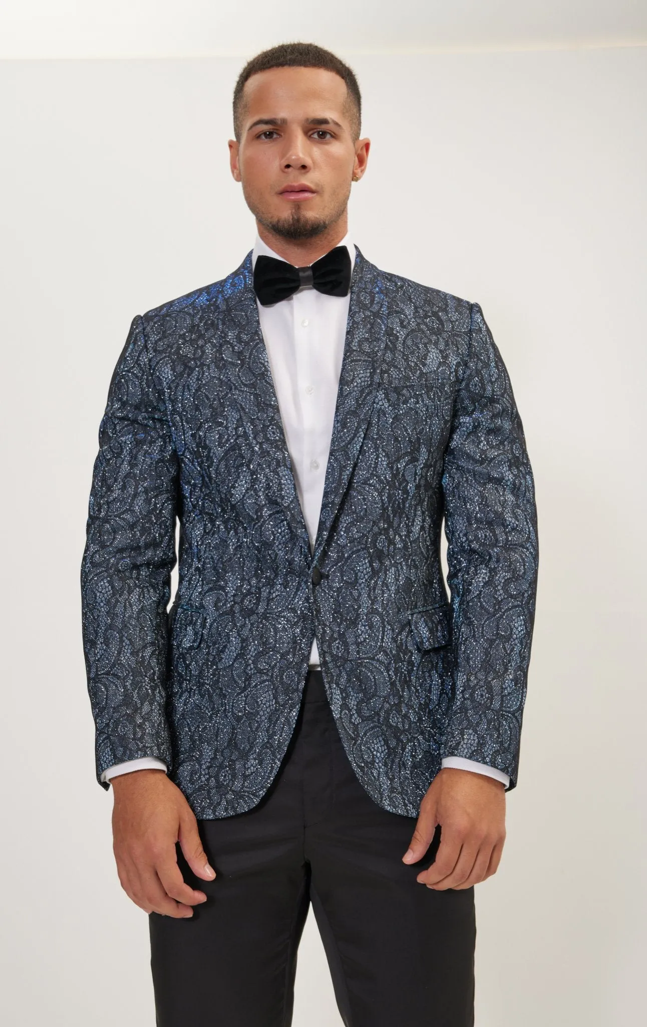 Metallic Lace Paisley Shawl Lapel Tuxedo Jacket -  Turquoise Black