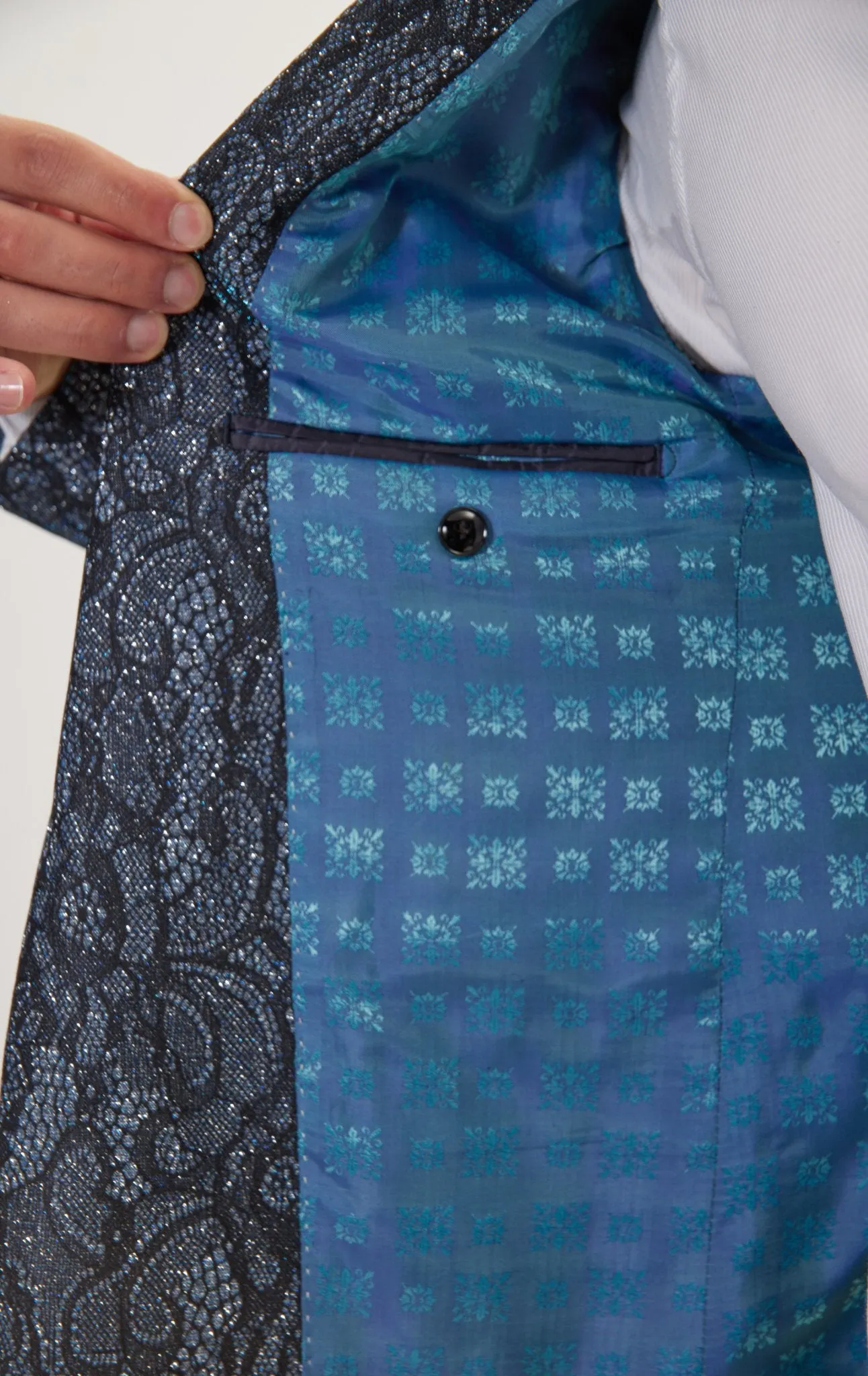 Metallic Lace Paisley Shawl Lapel Tuxedo Jacket -  Turquoise Black