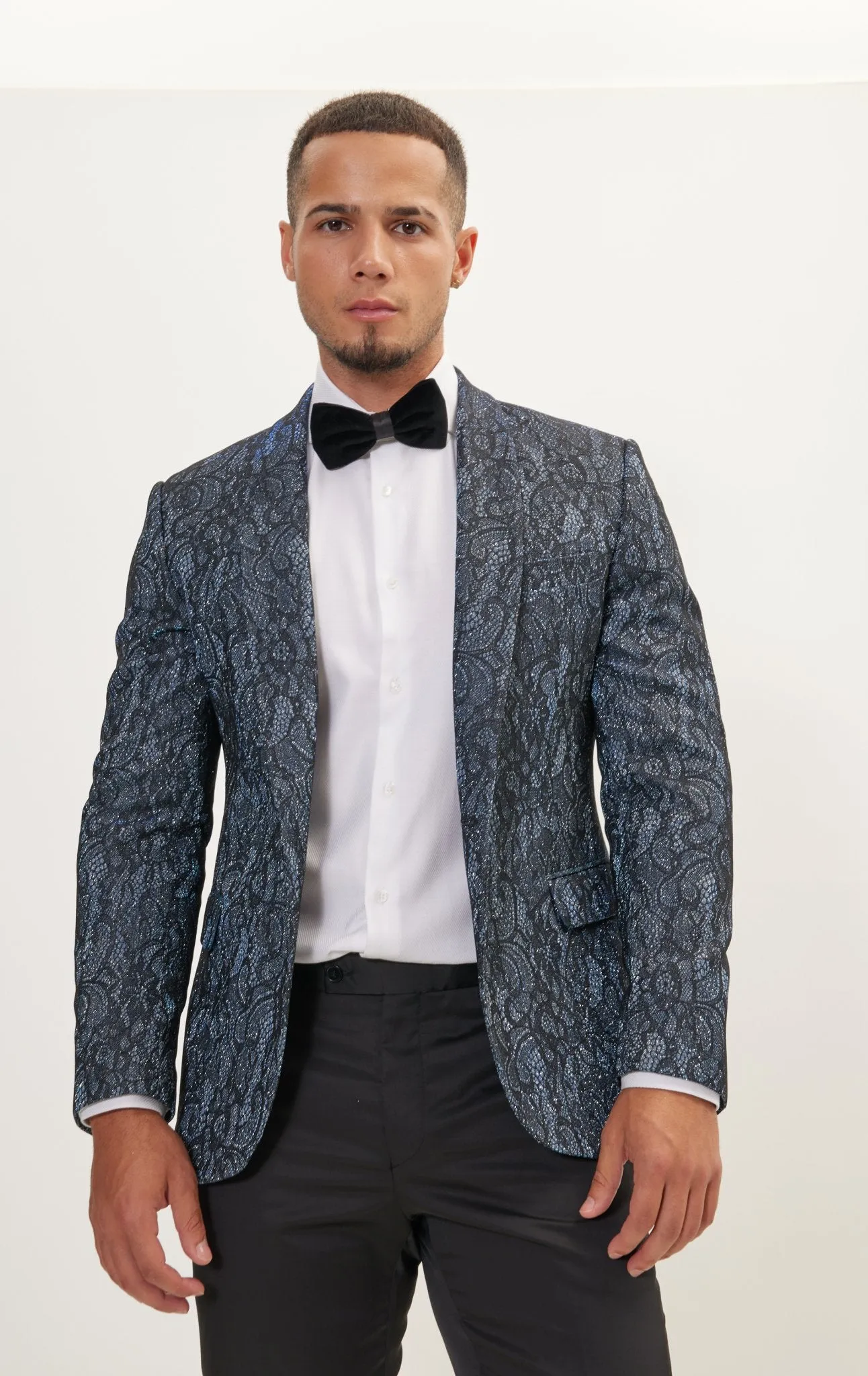 Metallic Lace Paisley Shawl Lapel Tuxedo Jacket -  Turquoise Black