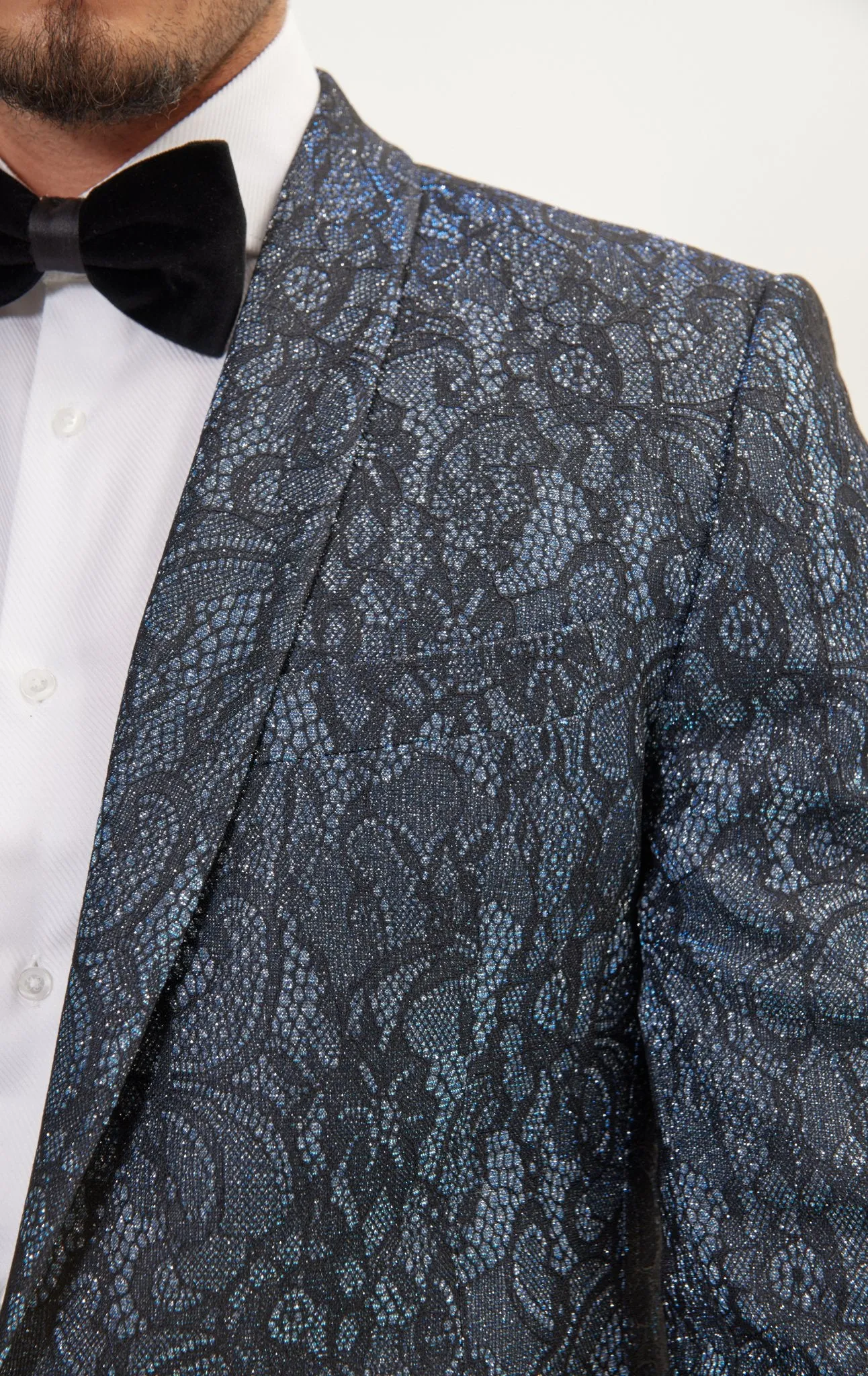 Metallic Lace Paisley Shawl Lapel Tuxedo Jacket -  Turquoise Black