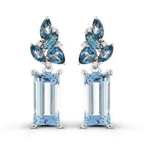 MODERN WHITE GOLD EARRINGS WITH BLUE TOPAZ AND DIAMONDS, .03 CT TW