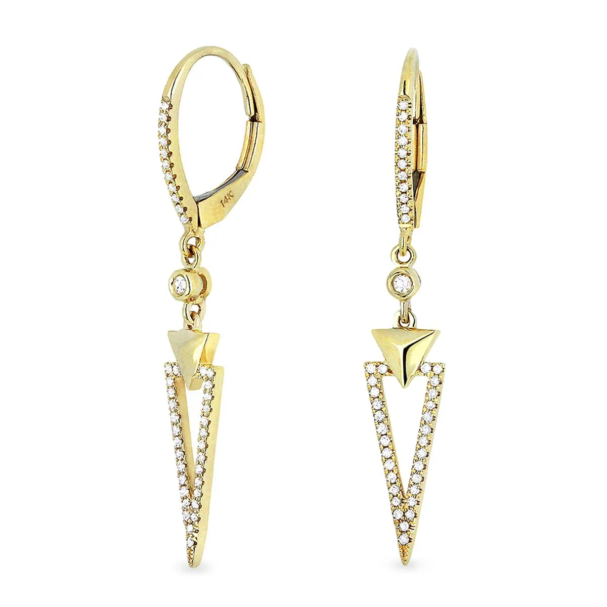 MODERN YELLOW GOLD AND DIAMOND DANGLE EARRINGS, .18 CT TW