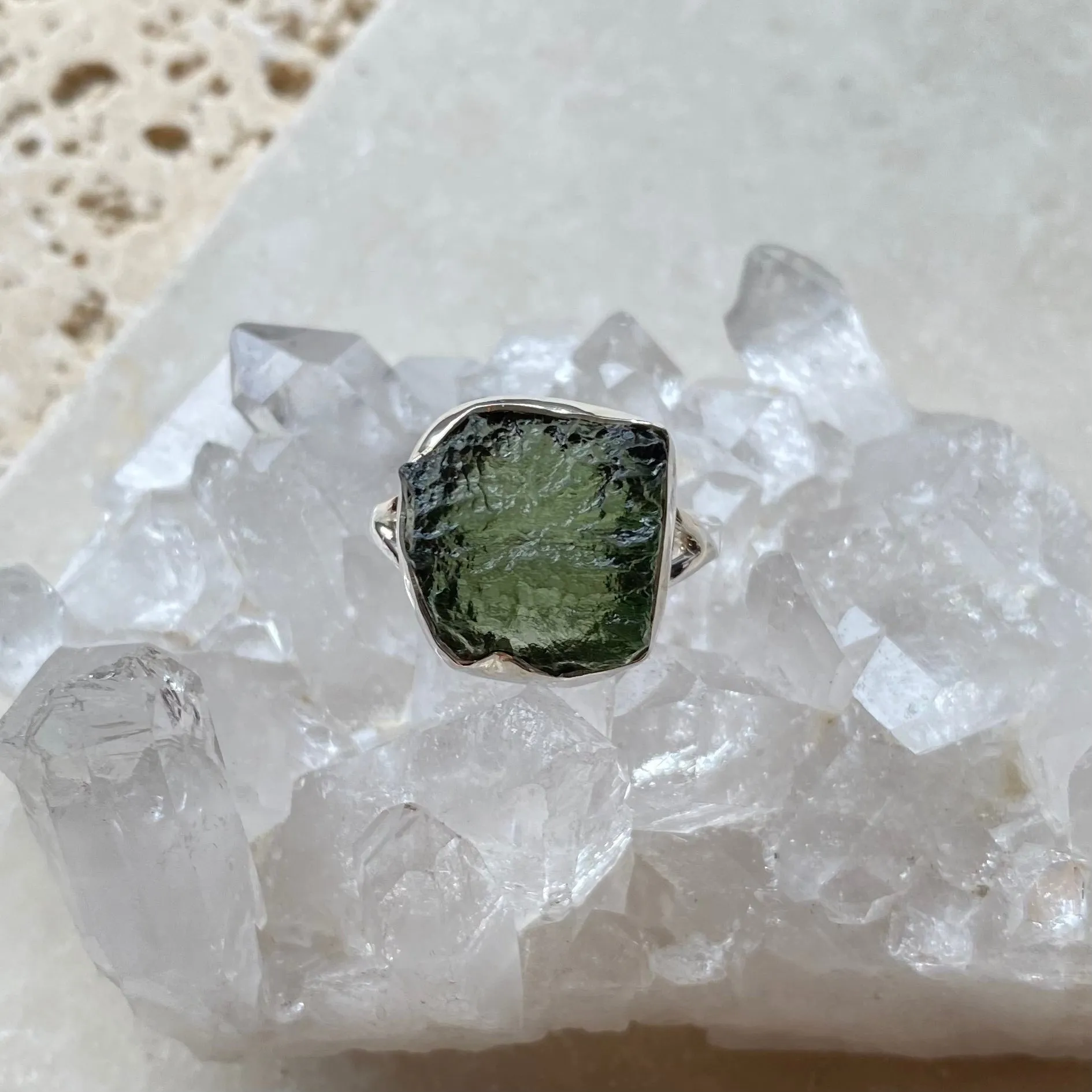 Moldavite Ring - Silver Contour