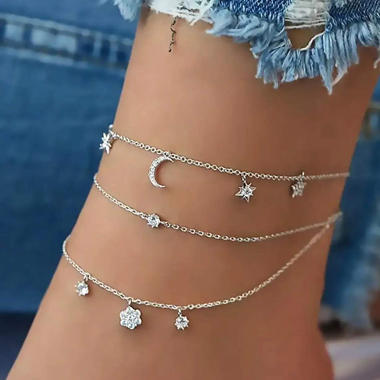 Moon & Star Boho Anklet - Silver