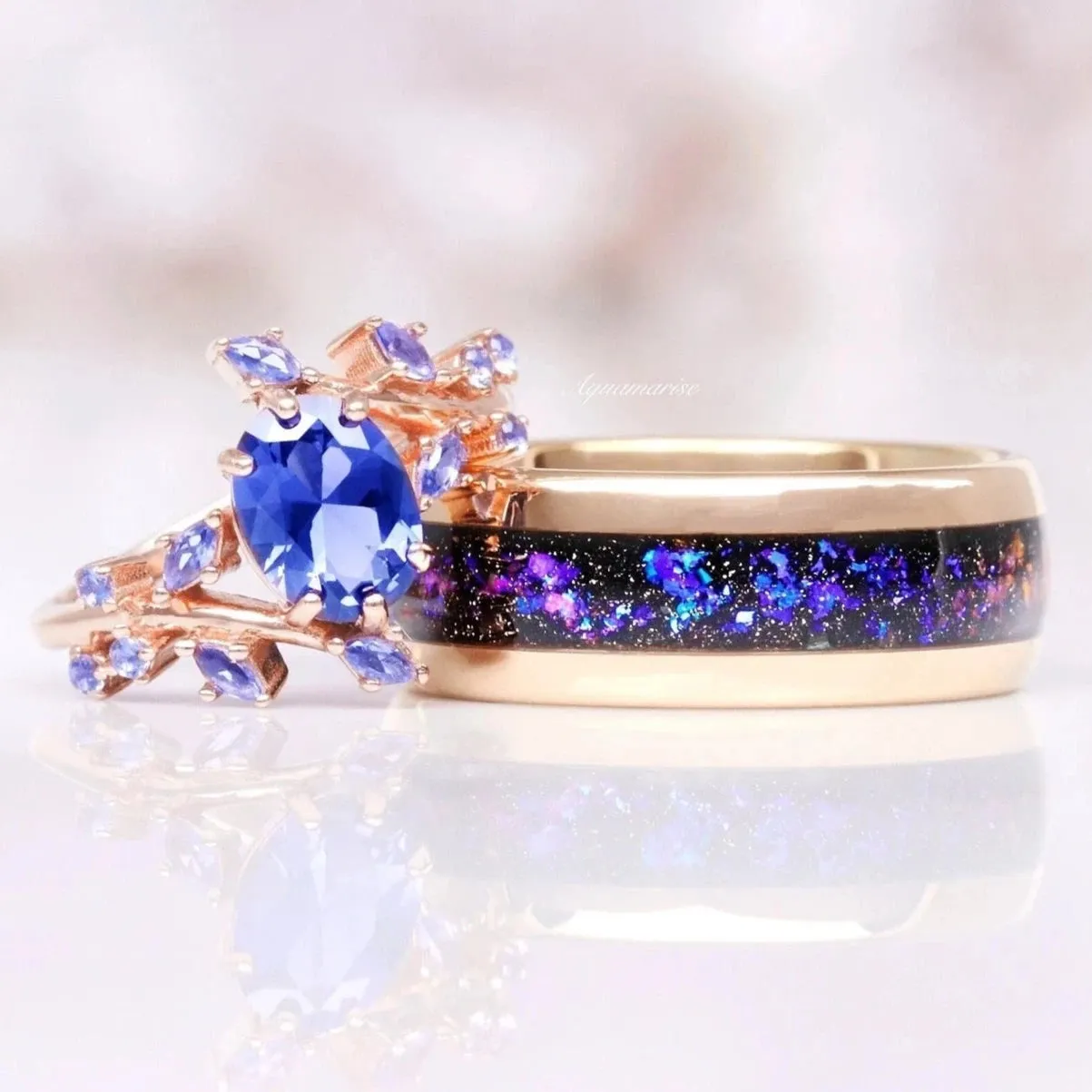 Orion Nebula & Cornflower Sapphire Leaf Couples Ring