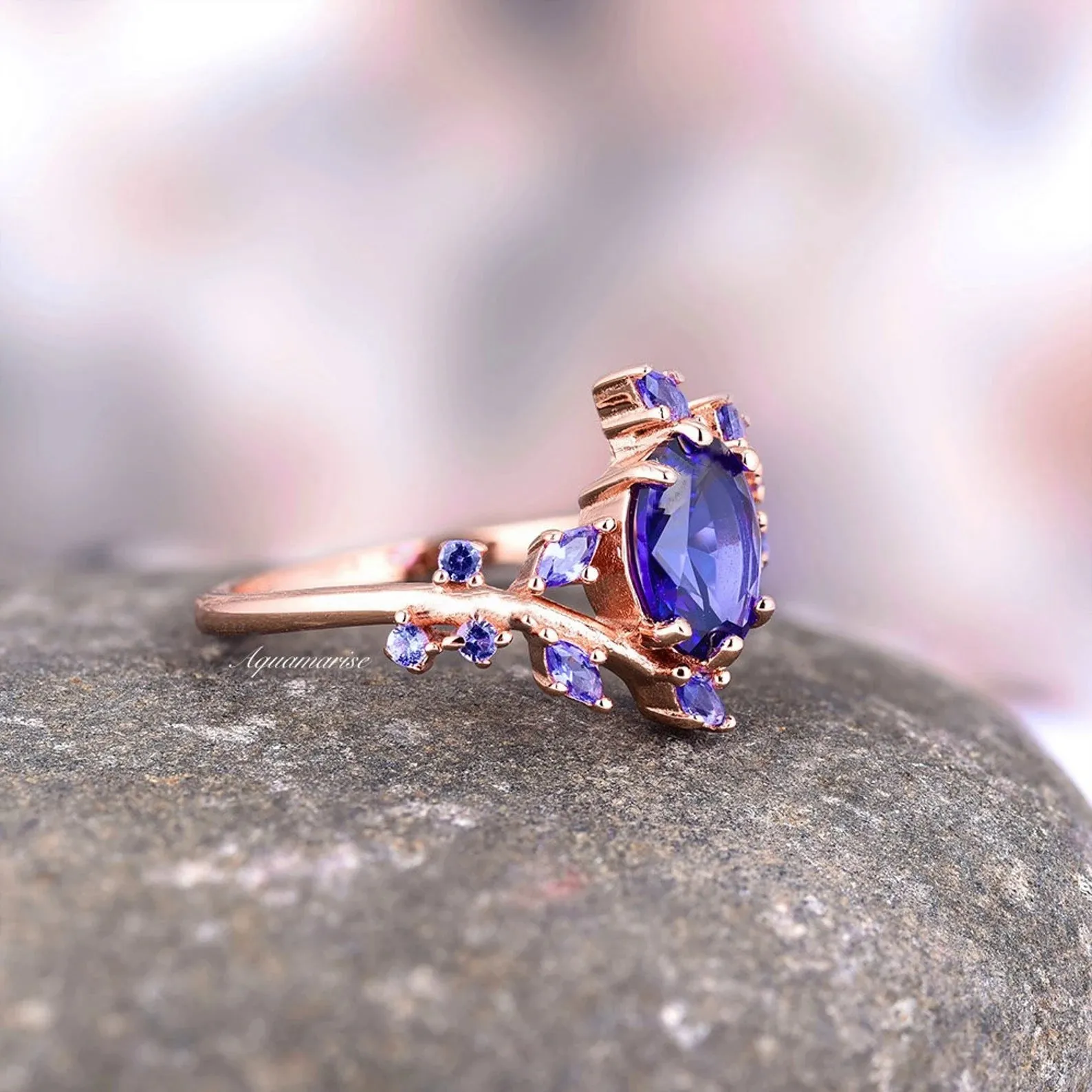 Orion Nebula & Cornflower Sapphire Leaf Couples Ring