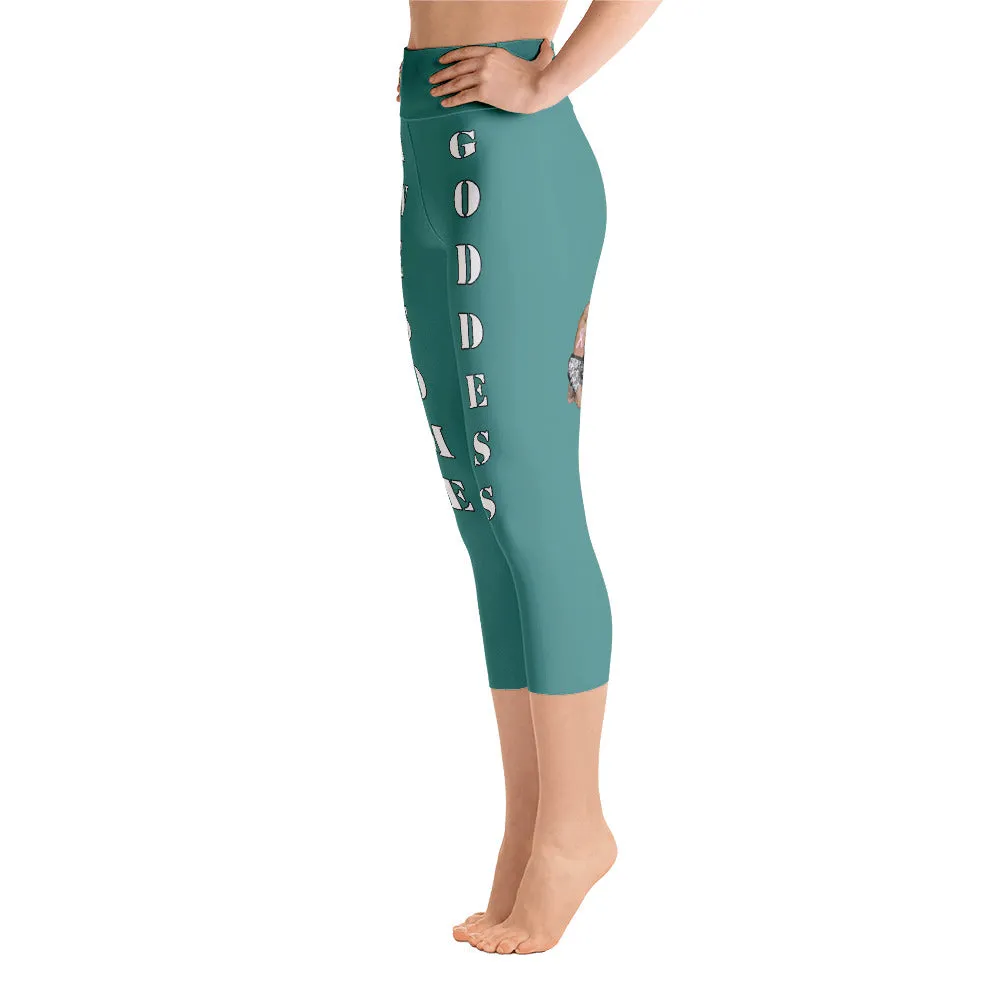 Our best viral leggings teal awesome goddess white letters