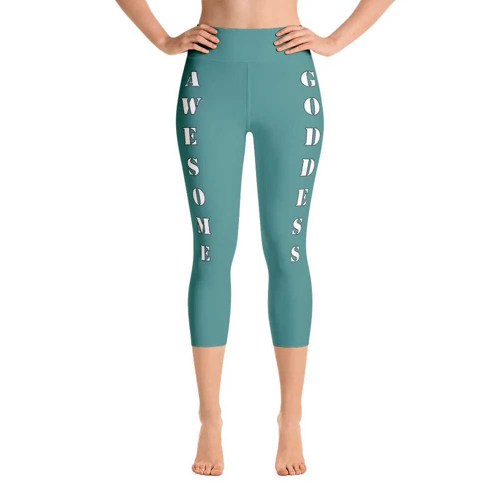 Our best viral leggings teal awesome goddess white letters