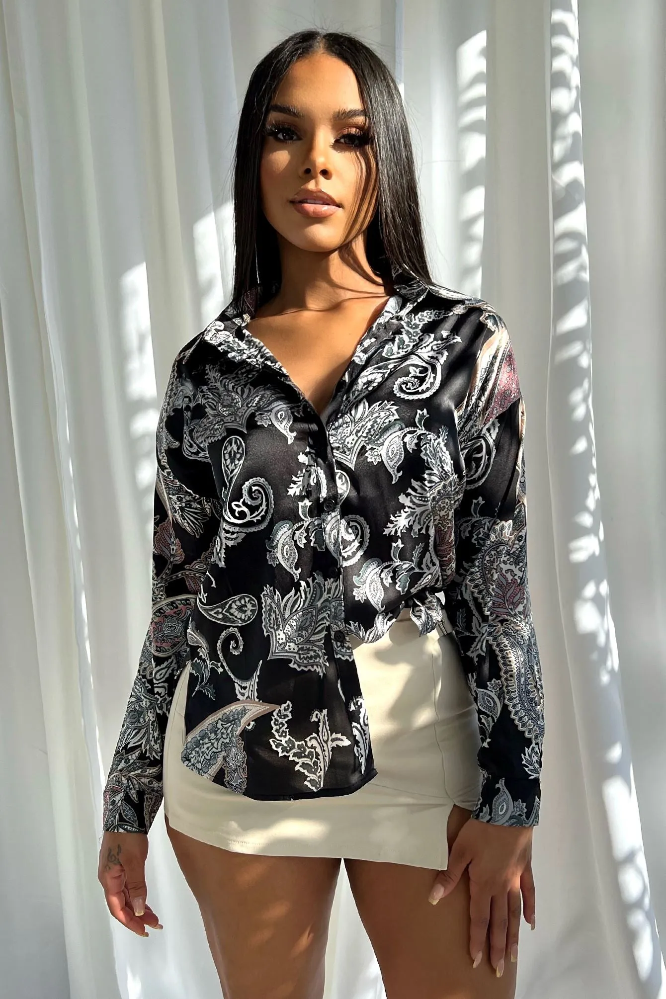 Paisley Print Satin Button Shirt