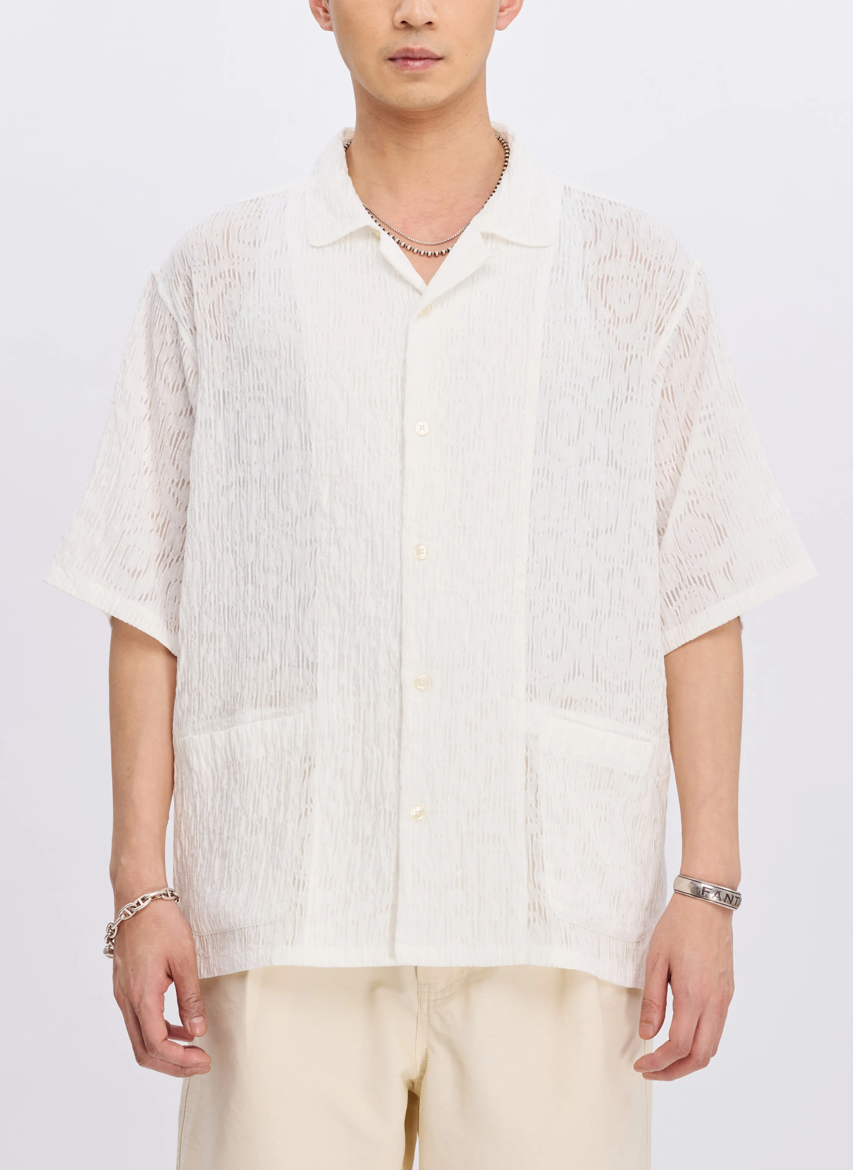 Rayon Nylon Distort Lace Open Collar Shirt