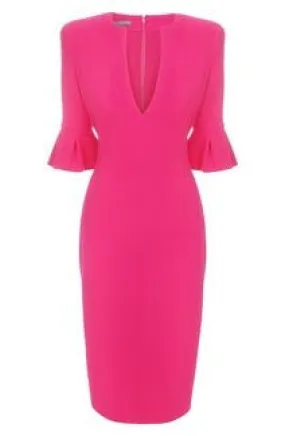 ruffle sleeve - wiggle pencil dress with V neckline