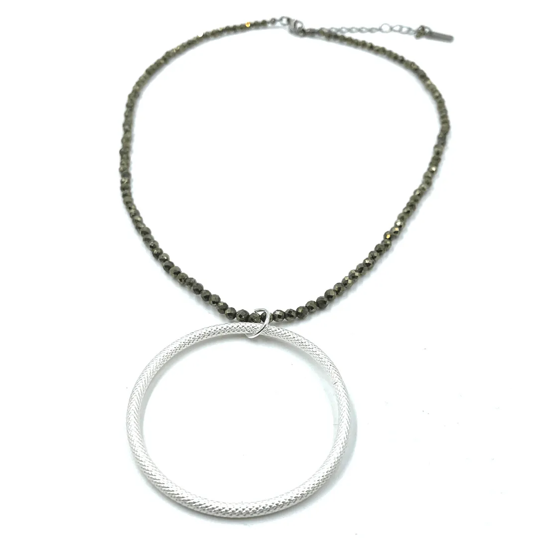 Silver Circle of Love on Natural Pyrite Necklace