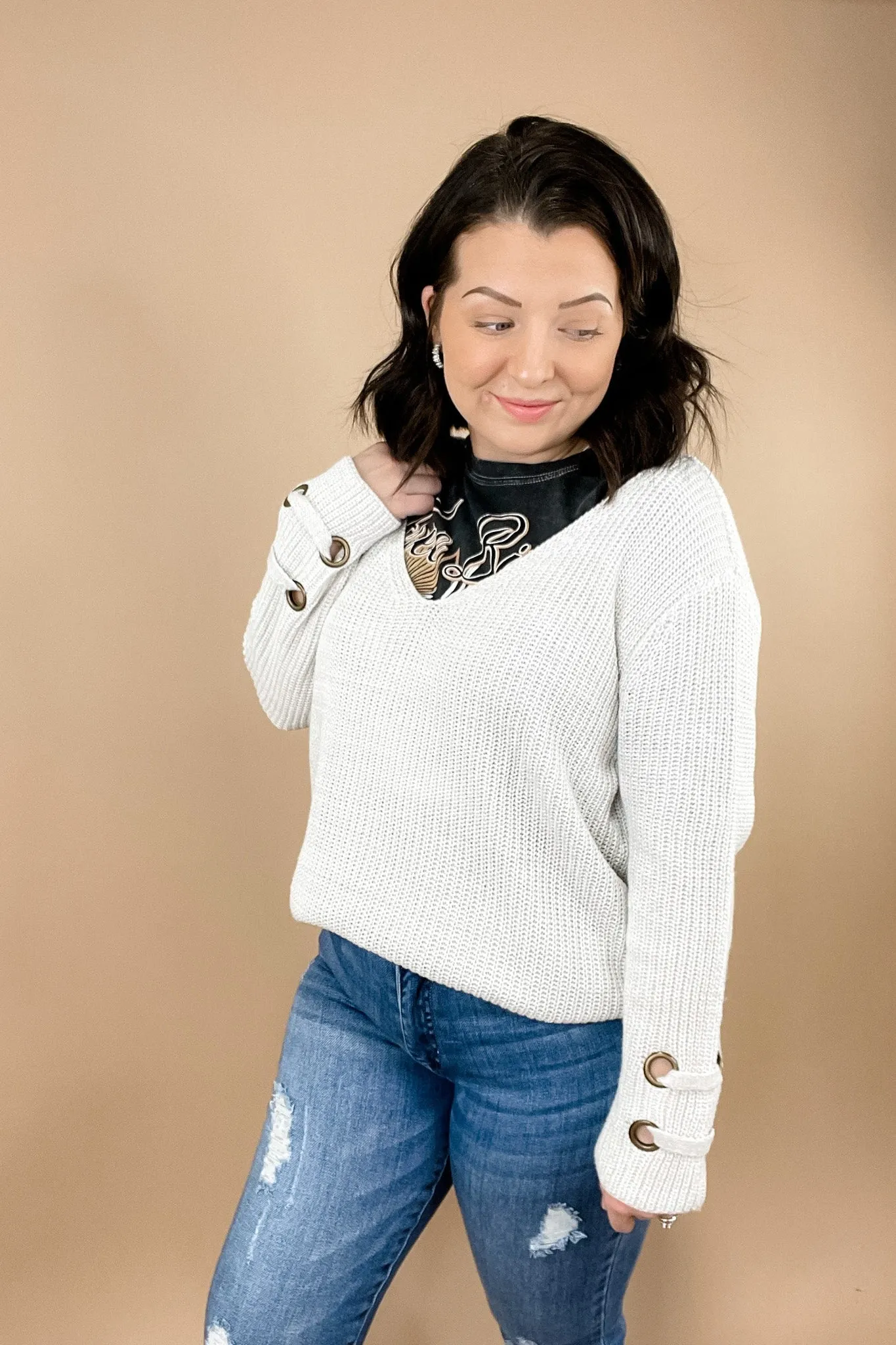 Snowy Owl- Ivory Knit V-Neck Sweater w/ Eyelet Cuff Detail