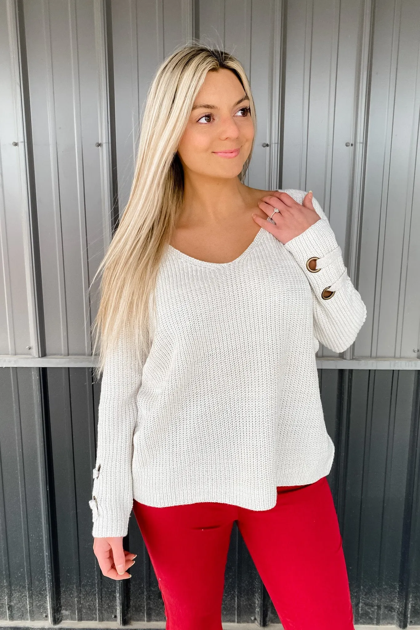 Snowy Owl- Ivory Knit V-Neck Sweater w/ Eyelet Cuff Detail