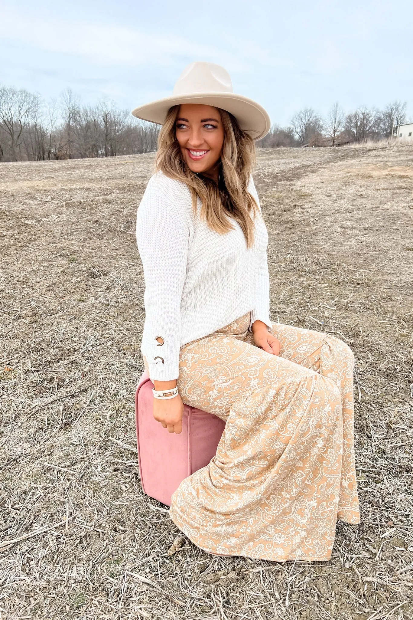 Snowy Owl- Ivory Knit V-Neck Sweater w/ Eyelet Cuff Detail