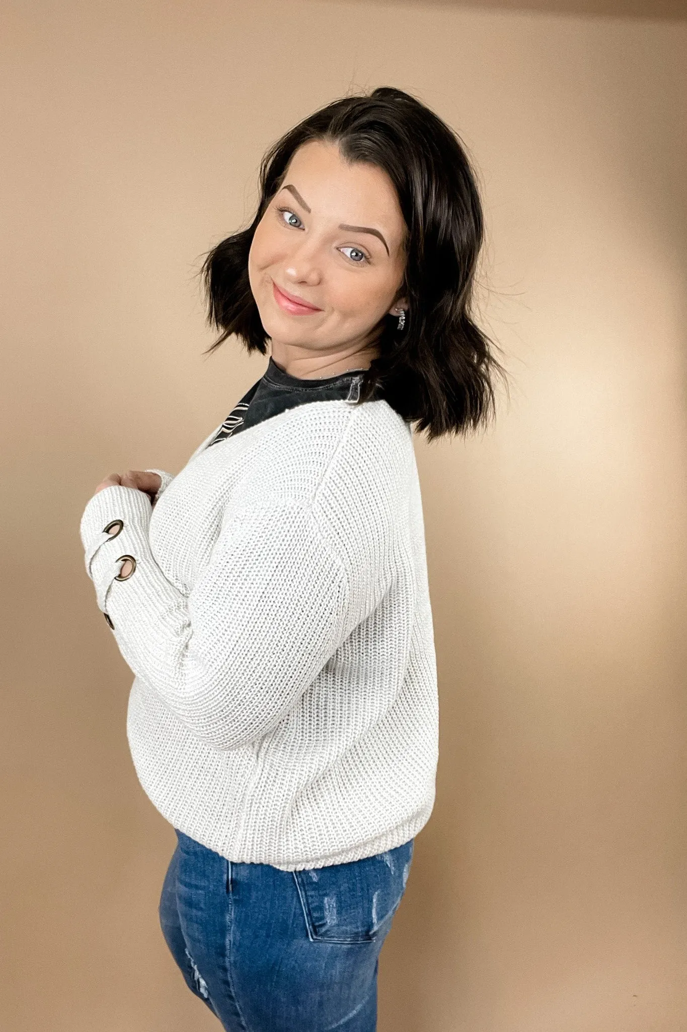 Snowy Owl- Ivory Knit V-Neck Sweater w/ Eyelet Cuff Detail