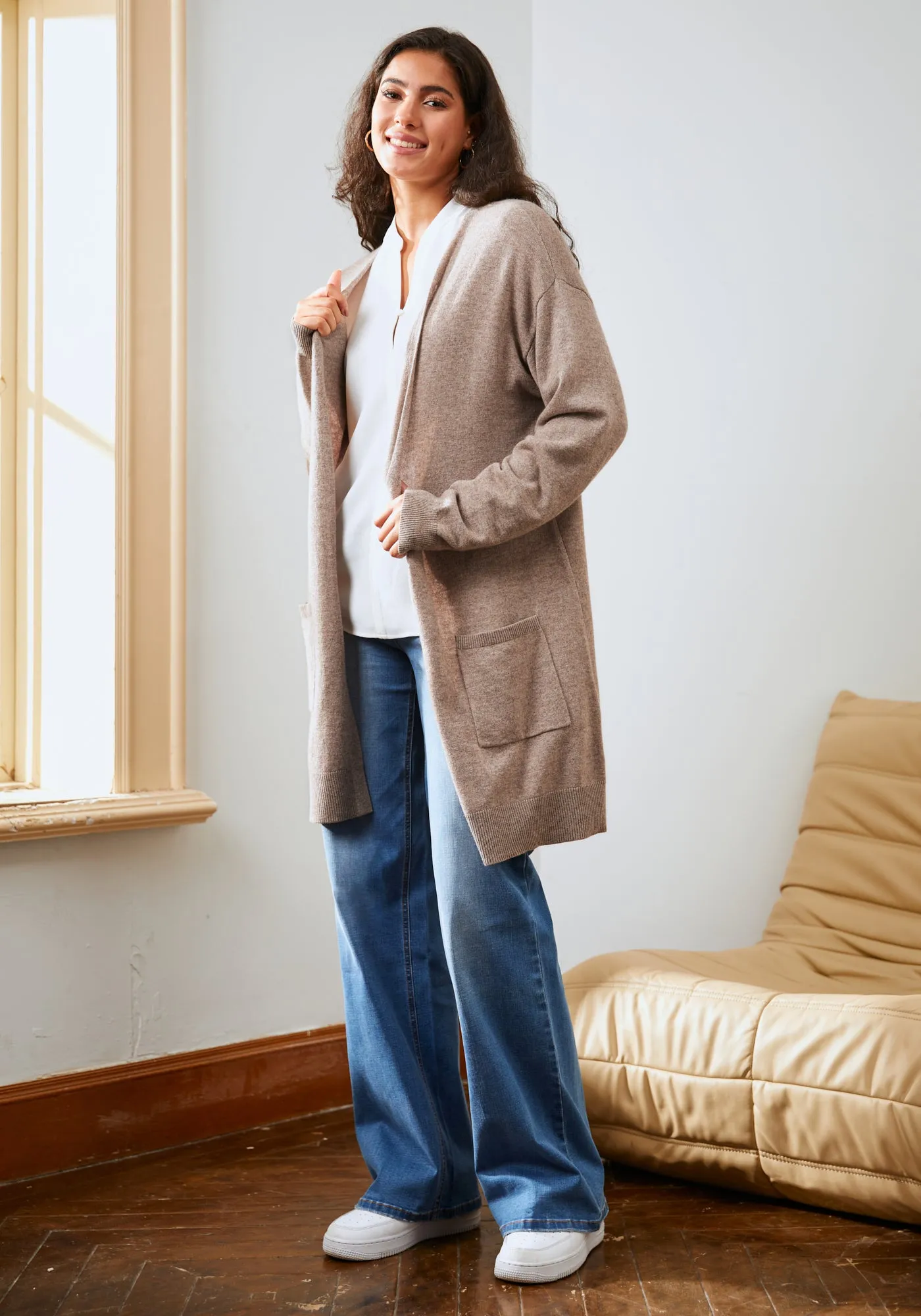 SoftBlend Cashmere Long Line Cardigan (Camel)