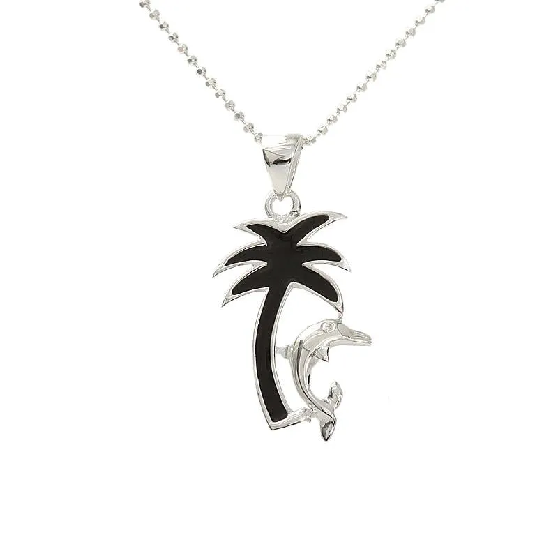 Sterling Silver Black Enamel Palm Tree with Dolphin Pendant (Chain Sold Separately)