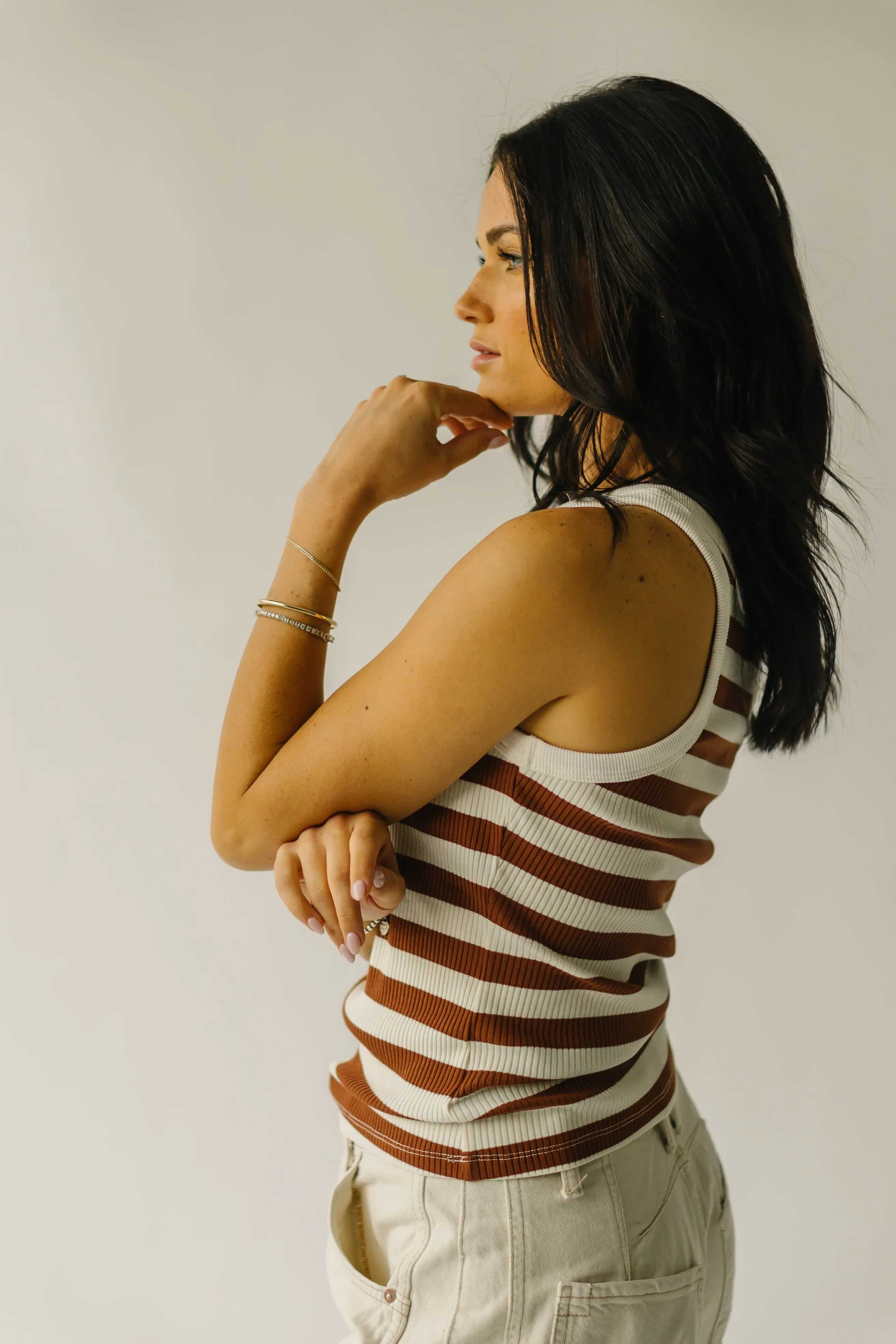 The Loxley Striped Tank in White   Brown