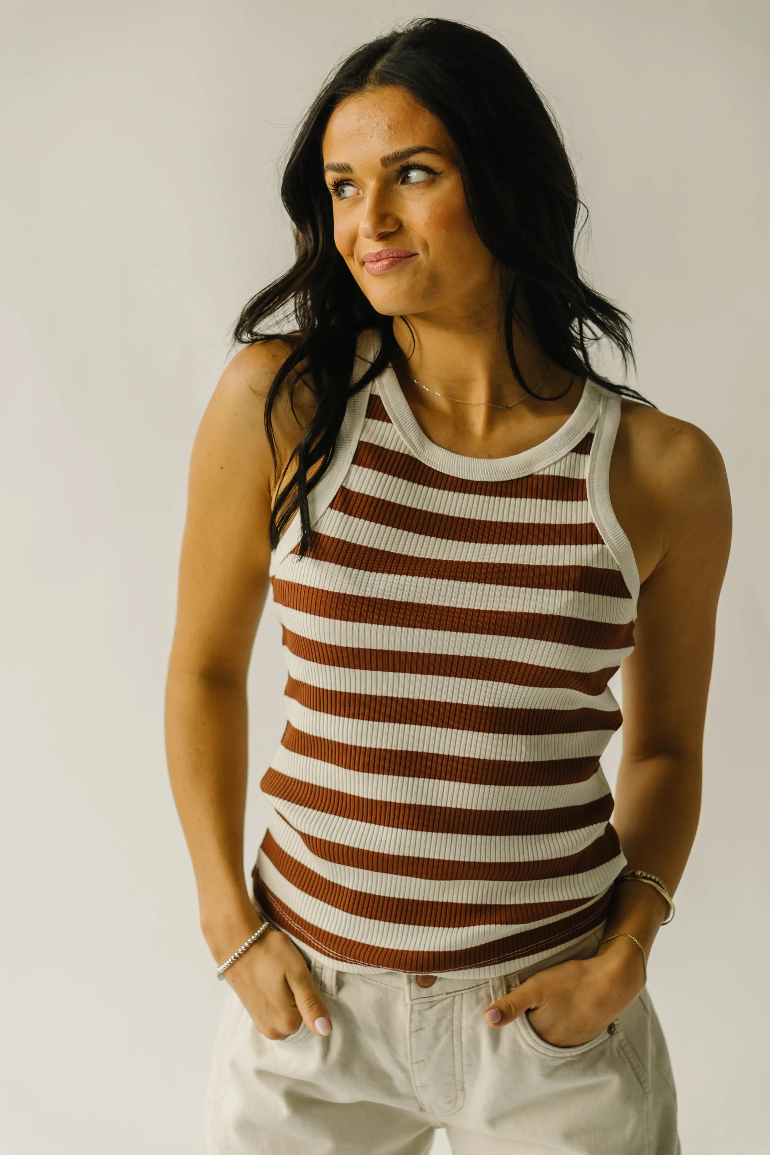 The Loxley Striped Tank in White   Brown