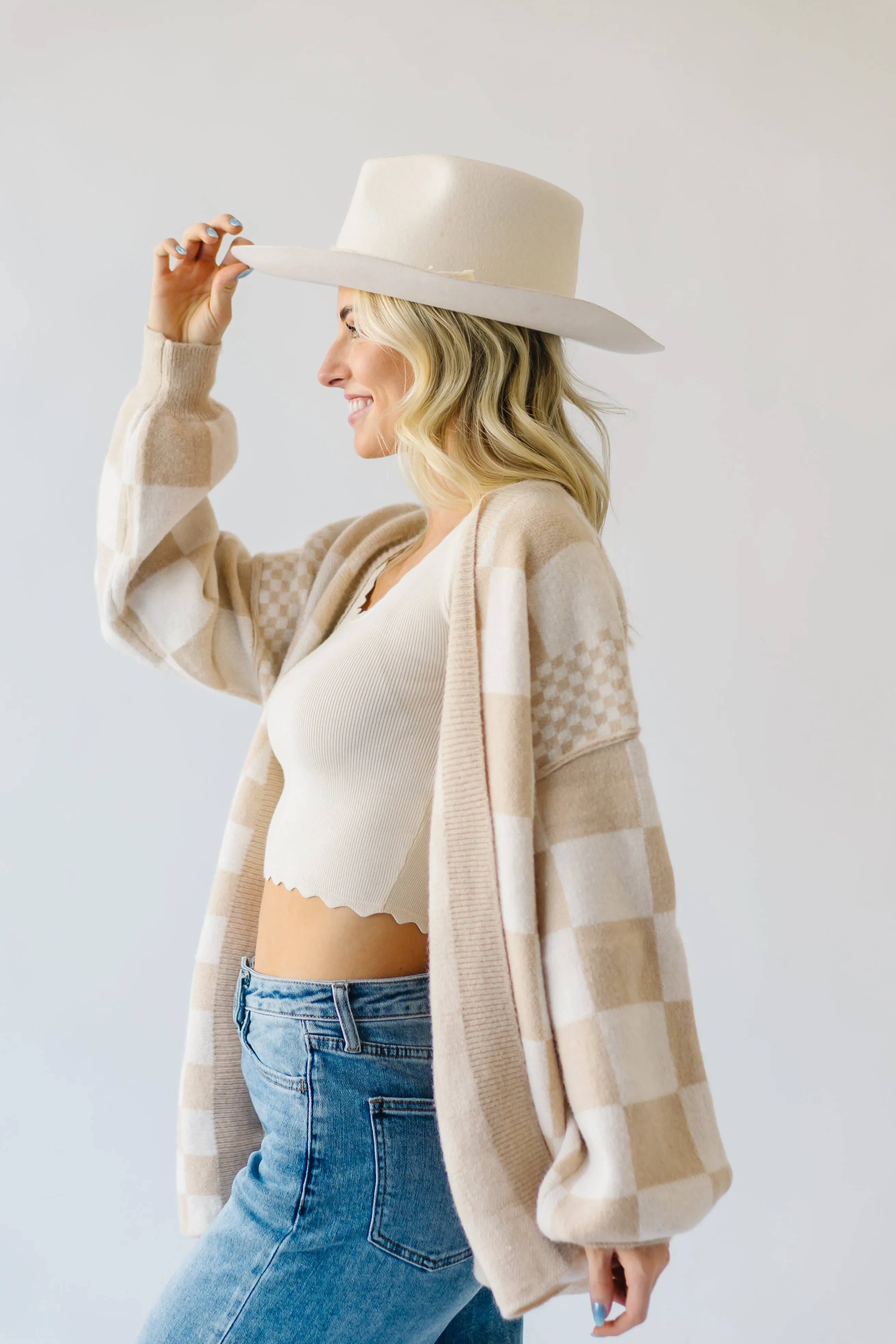 The Off the Wall Checkered Cardigan in Taupe