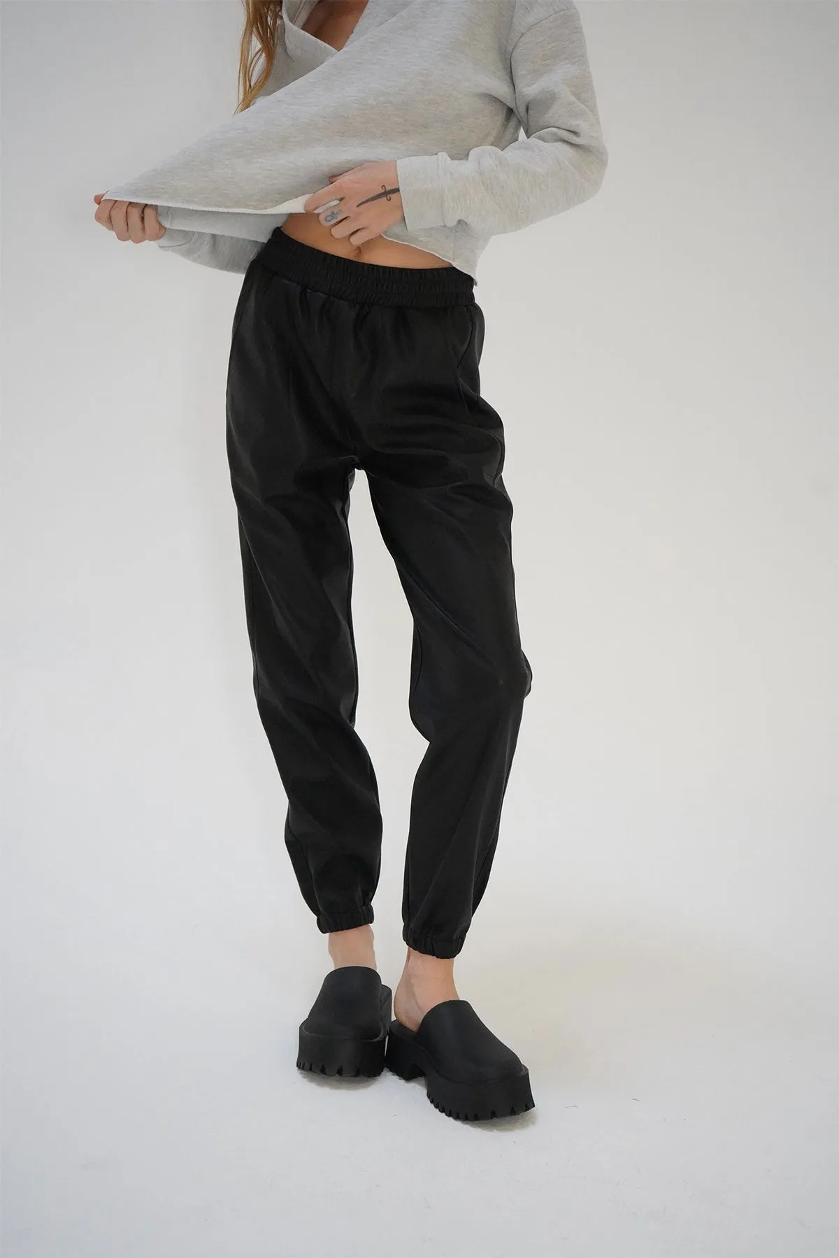 Utility Faux Leather Jogger - Black