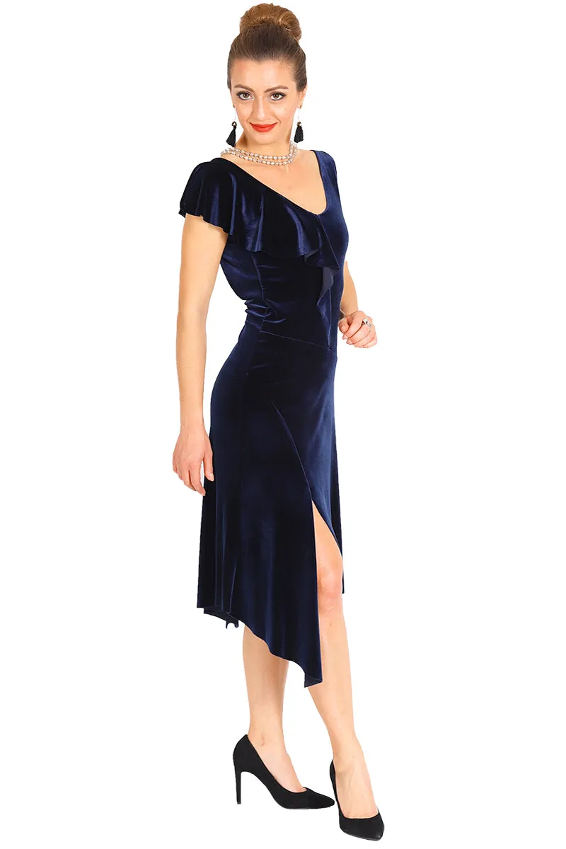 Velvet Argentine Tango Dress With Shoulder Ruffle