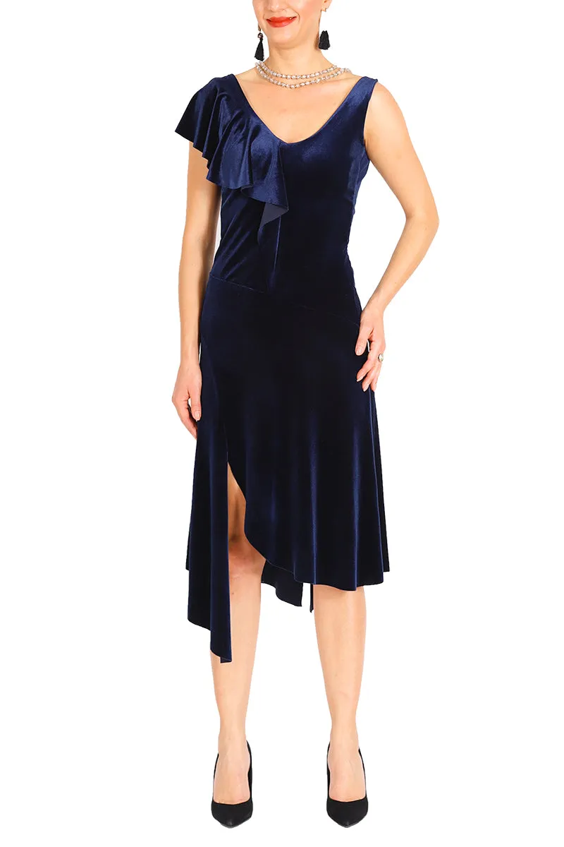 Velvet Argentine Tango Dress With Shoulder Ruffle