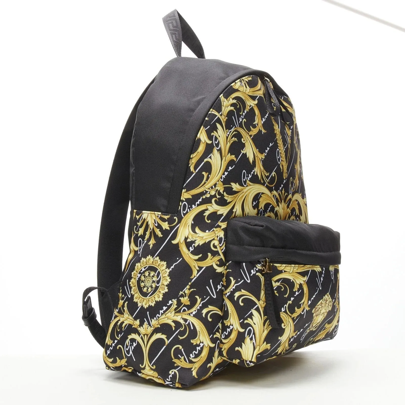 Versace Black Nylon Barocco Signature Print Zip Backpack