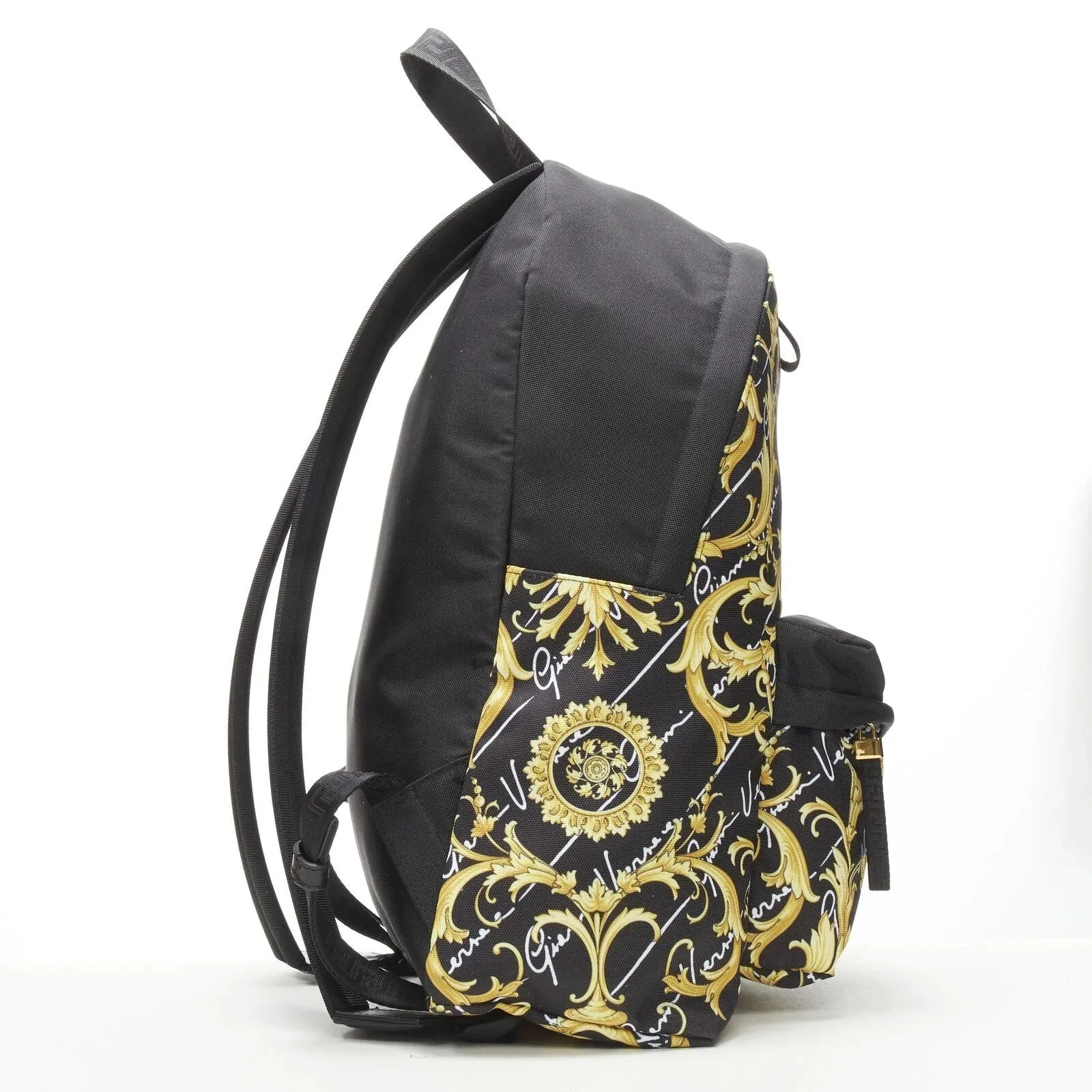 Versace Black Nylon Barocco Signature Print Zip Backpack