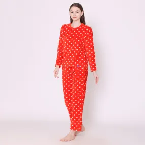 Women's Velvet Polka Print Lounge Wear Set - Red